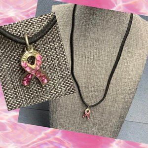 Breast Cancer Awareness Necklace Ribbon Pink Rhinestone Barbie Soft Girl Cottage